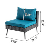 2 pcs armless sofa 2 pcs corner sofa 2 pcs footstool iron legs black rattan peacock green 72293141