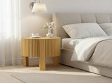 Round Fluted Side Table with Storage for Living Room, Rubber Solid Wood, Soft-close Door, Natural, N735P369881N