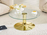 27.5-inch diameter round tempered glass coffee table. 17.7 inches high, supported by a golden metal W1151P439524