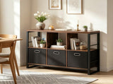 Industrial & Rustic Storage Cabinet, 3 Open Shelves & 3 Foldable Fabric Drawers Console Table, 38184093