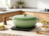 Cast iron 7.5QT cooking pot - Gradient green color - Includes two silicone gloves - Enamel pot 13858478