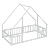 Twin Wood House-Shaped Floor Bed with Fence, Guardrails ,White W504P143290