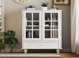 Minimalist White Buffet Cabinet with Double Glass Doors and Drawer, Modern Wooden Storage Sideboard W2557P189574