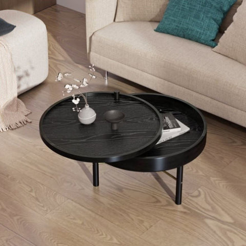 ZUN Modern Round Wood Rotating Tray Coffee Table with Storage & Metal Legs in Black 25593676