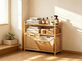 32 Inch Double Compartment Bamboo Laundry Organizer Freestanding Cabinet, Raised Guardrail Top Shelf 52897396