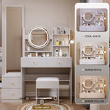 ZUN Full Body Mirror Cabinet + Round Mirror LED Vanity Table + Cushioned Stool, 17" diameter LED Mirror, 49214828