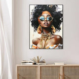 African American Woman Canvas Wall Art Black Girl with Curly Hair Sunglasses Orange Headwrap W3374P322229