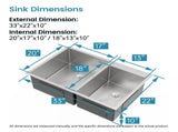33"x19" Embedded Double Bowl Kitchen Sink, Overmount Handmade Sink in Brushed Unable 51108838