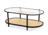 Oval 2-Tier Coffee Table, 37.8" x 19.7" x 18.1", Fluted Glass & PE Rattan 78161674