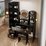 ZUN Full Body Mirror Cabinet + Round Mirror LED Vanity Table + Cushioned Stool, 17" diameter LED Mirror, W936P160028