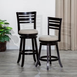 30" Bar Height Slat Back Swivel Stool, Espresso Finish, Beige Fabric Seat B04660689