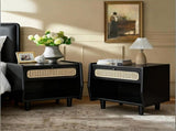 Black Nightstand with Rattan Detail, MDF Solid Wood, Modern Bedroom Storage, Open Shelf & Drawer, N770P374577B