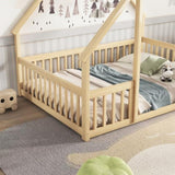 Full Wood House-Shaped Floor Bed with Fence, Guardrails,Natural W504P143295