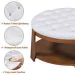 ZUN Modern Large Round Ottoman Coffee Table 2-Tier Oversized Button Tufted Ottoman with Wood Shelf N735P180224K