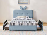 Twin Size Kids Upholstered Bed with Oversized Rabbit Ear Headboard, LED Light & 4 Storage Drawers, W1413P384922
