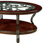 ZUN Traditional Style Brown Cherry 1pc COFFEE TABLE Open Bottom Shelf Ornate Design Glass Top Living B011P203063