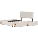 ZUN Upholstered Platform Bed with Classic Headboard and 4 Drawers, No Box Spring Needed, Linen Fabric, 20024177