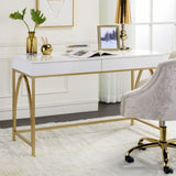 2 Drawers Writing Desk with Metal Trestle Base, White High Gloss and Gold B016P317513