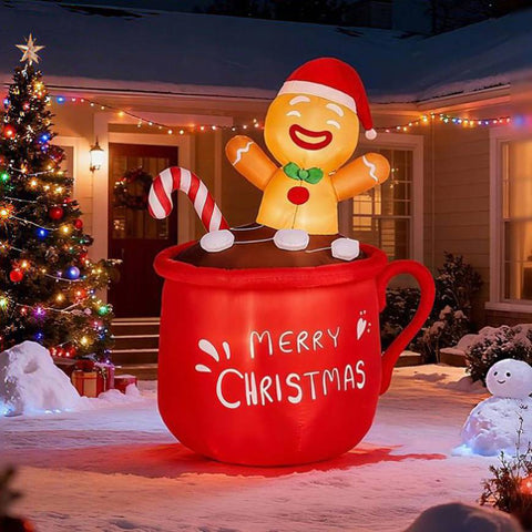 6.5FT Lighted Christmas Inflatable Decoration, Inflatable Gingerbread Man in Cup, Funny Blow Up Yard 05695621