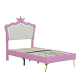 Twin Size Upholstered Bed Frame with LED Lights, Modern Upholstered Princess Bed with Crown W2770P190377