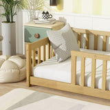 Twin Size Floor Bed with Fence without Door, Rubber Wood Floor Bed with Safety Guardrails,Natural W504P296796
