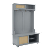 Casual Style Hall Tree Entryway Bench with Rattan Door Shelves and Shoe Cabinets, SOLID WOOD Feet, W1758126925