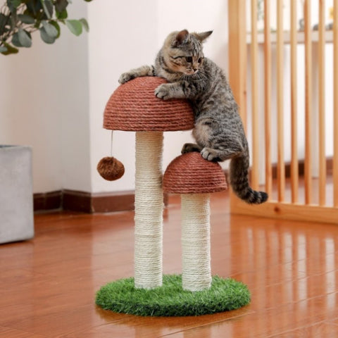 ZUN Cat Scratching Post Mushroom Claw Scratcher with Natural Sisal Ropes Interactive Dangling Ball for 03002290