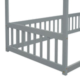 Twin Size Canopy Frame Floor Bed with Fence, Guardrails,Grey W504P143277