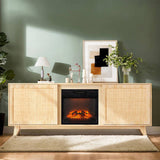 70" Oak Finish Low-Profile Fireplace TV Stand with 2 Doors & Rattan Front for 18" Insert 27336735