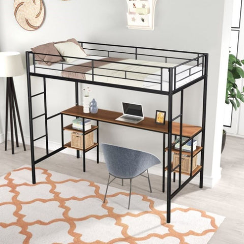 ZUN Twin-size Loft Bed with Table & Shelves/ Heavy-duty Sturdy Metal/ Built-in Table & Shelves/ Noise 61373165