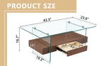 ZUN 43.3 Inch Modern Two-Tier Coffee Table - Clear Tempered Glass and Dark Wood Grain, Multifunctional W1151P232626