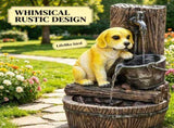 22" 3-Tier Puppy Themed Resin Garden Fountain Rustic Brown Outdoor Water Fountain with LED Lights & 25593587