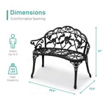 ZUN Outdoor Cast Aluminum Patio Bench, Porch Bench Chair with Curved Legs Rose Pattern, Black 01485098