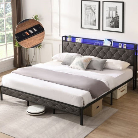 ZUN King Bed Frame Storage Headboard, Charging Station and LED Lights, Upholstered Platform Bed W1916124806