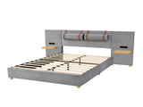 Queen Upholstered Platform Bed, Two Outlets and USB Charging Ports on Both Sides, Two Bedside 09306383