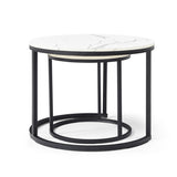 Set 2 Coffee Table Nesting White and gray top Black Frame Circular Round and Marble Pattern Wooden 45806374