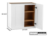 27 Inch White Shaker Double Door Wall Cabinet Solid Wood with 2 adjustable shelves Ready to Assemble T2950P366457