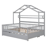 ZUN Wooden Full Size House Bed with Twin Size Trundle,Kids Bed with Shelf, Gray 12696827