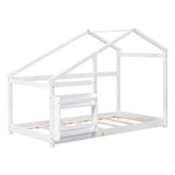 Twin Size Wooden House Bed, Twin Floor Wooden Bed with Shelf, No Box Spring , White Color, TWIN BED W69782586