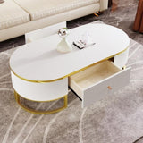 ZUN Modern Oval Coffee Table with Drawers,Curved Profile Design, Gold Metal Decor, Center Table for N735P192897K