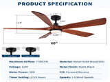 60" Vintage Mahogany Solid Wood Ceiling Fan with Light and Remote Control, Noiseless, Dimmable, W1367P447571