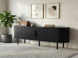 Black Embossed Particle Board TV Stand, Oval Tabletop 1473558cm, Entertainment Center with Slatted 39060699