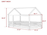 Twin Size House Floor Wooden Bed with Roof Frame,Safety Guardrails,White W504P286403