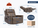 Camel Brown Genuine Leather Heat Massage Manual Recliner Chair with Rocker and Swivel for Living W1803P323716