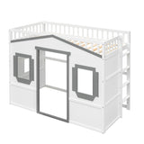 ZUN Twin Size House Loft Bed With Ladder-White+Gray Frame 33348221