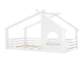 Twin House Floor Bed with Window and a Small Shelf, Solid Wood Floor Bed with House-shaped Roof, No W1580P362678