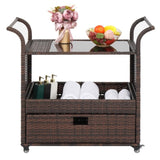 ZUN Outdoor Patio Wicker Rattan Serving Bar Cart Sideboard On Wheels Brown Gradient 72384423