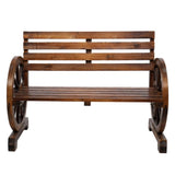 Rustic 2-Person Wooden Wagon Wheel Bench with Slatted Seat and Backrest, 54868560