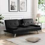 ZUN Sofa Bed with Armrest two holders WOOD FRAME, STAINLESS LEG, FUTON BLACK PVC W311124707