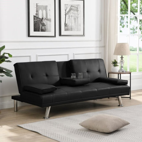 ZUN sofa bed with Armrest two holders WOOD FRAME, STAINLESS LEG, FUTON BLACK PVC W214101864